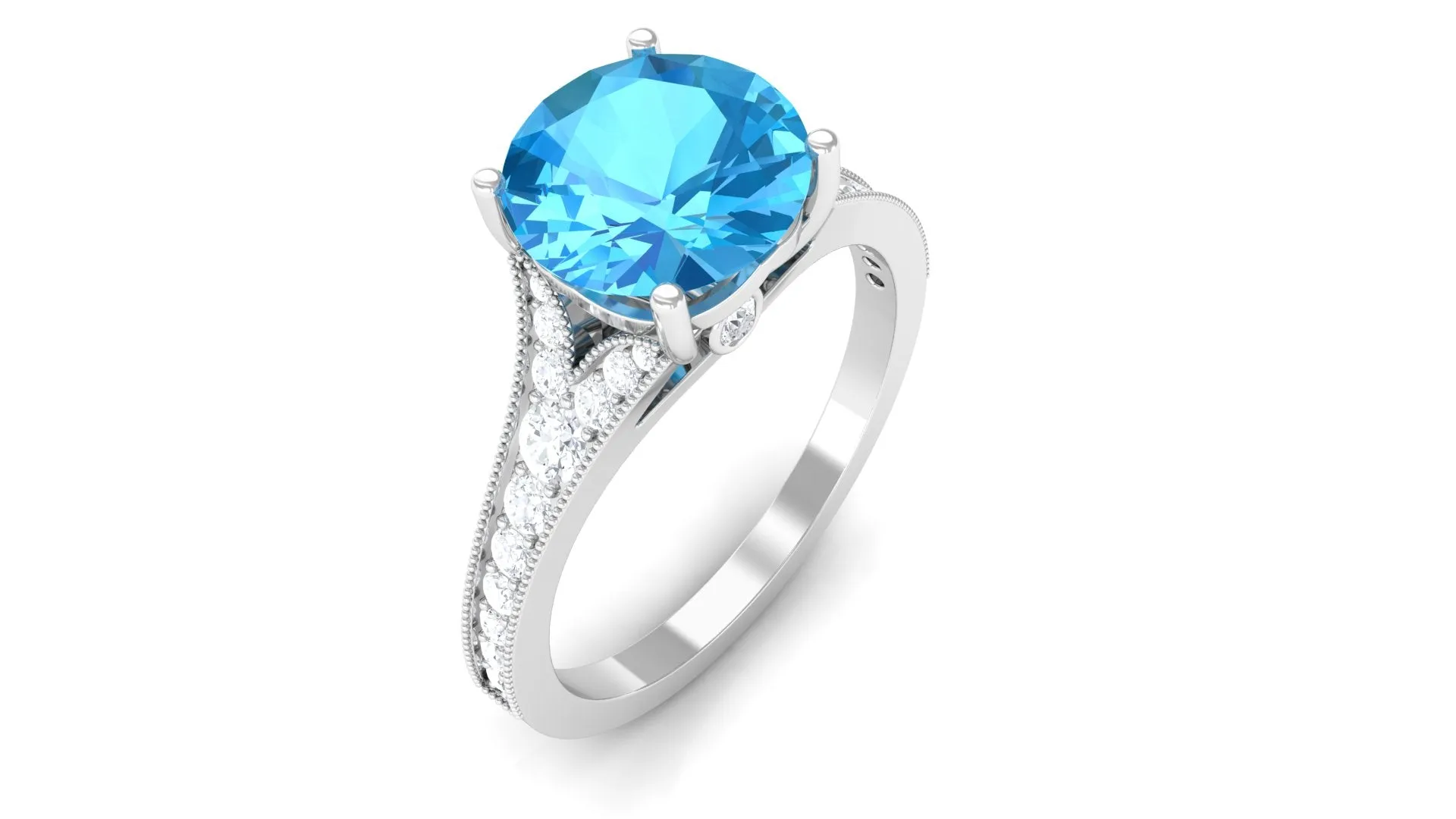 Genuine Swiss Blue Topaz Engagement Ring with Diamond Side Stones