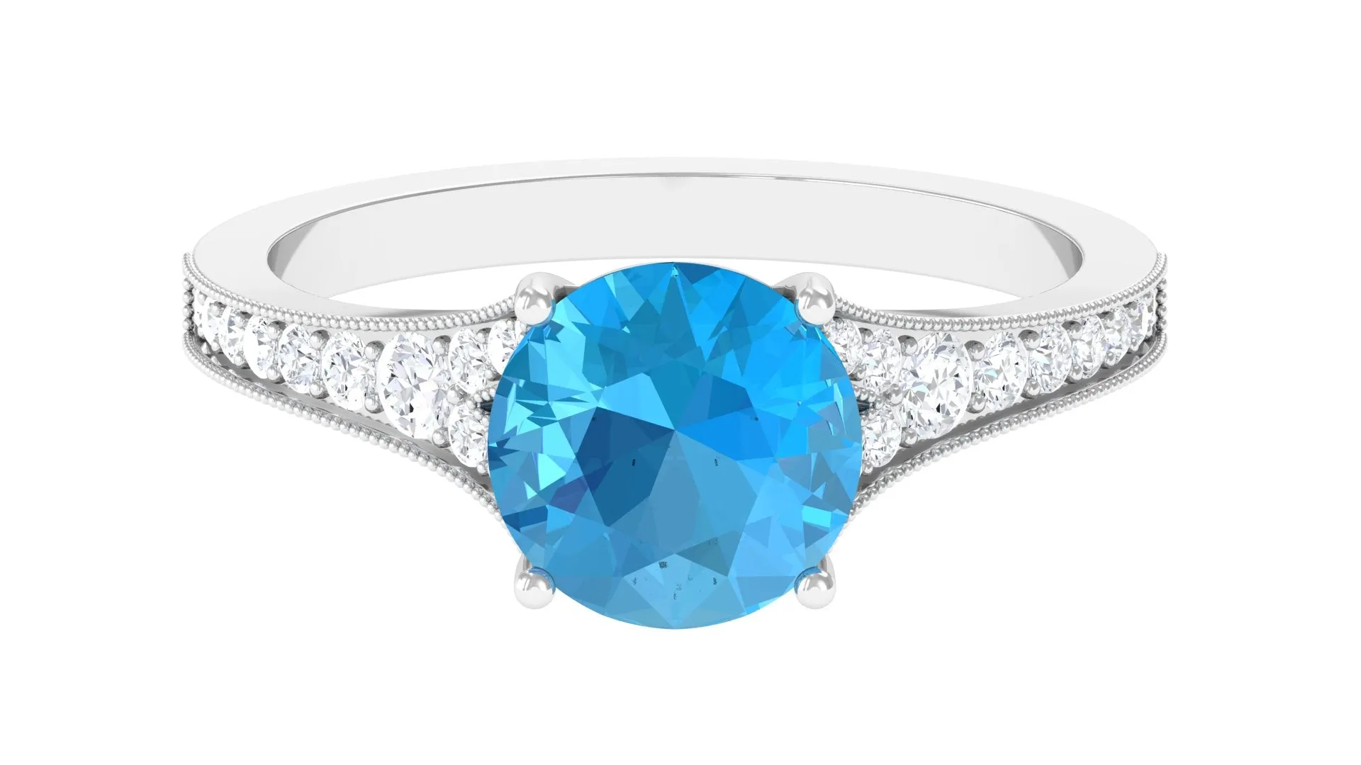 Genuine Swiss Blue Topaz Engagement Ring with Diamond Side Stones