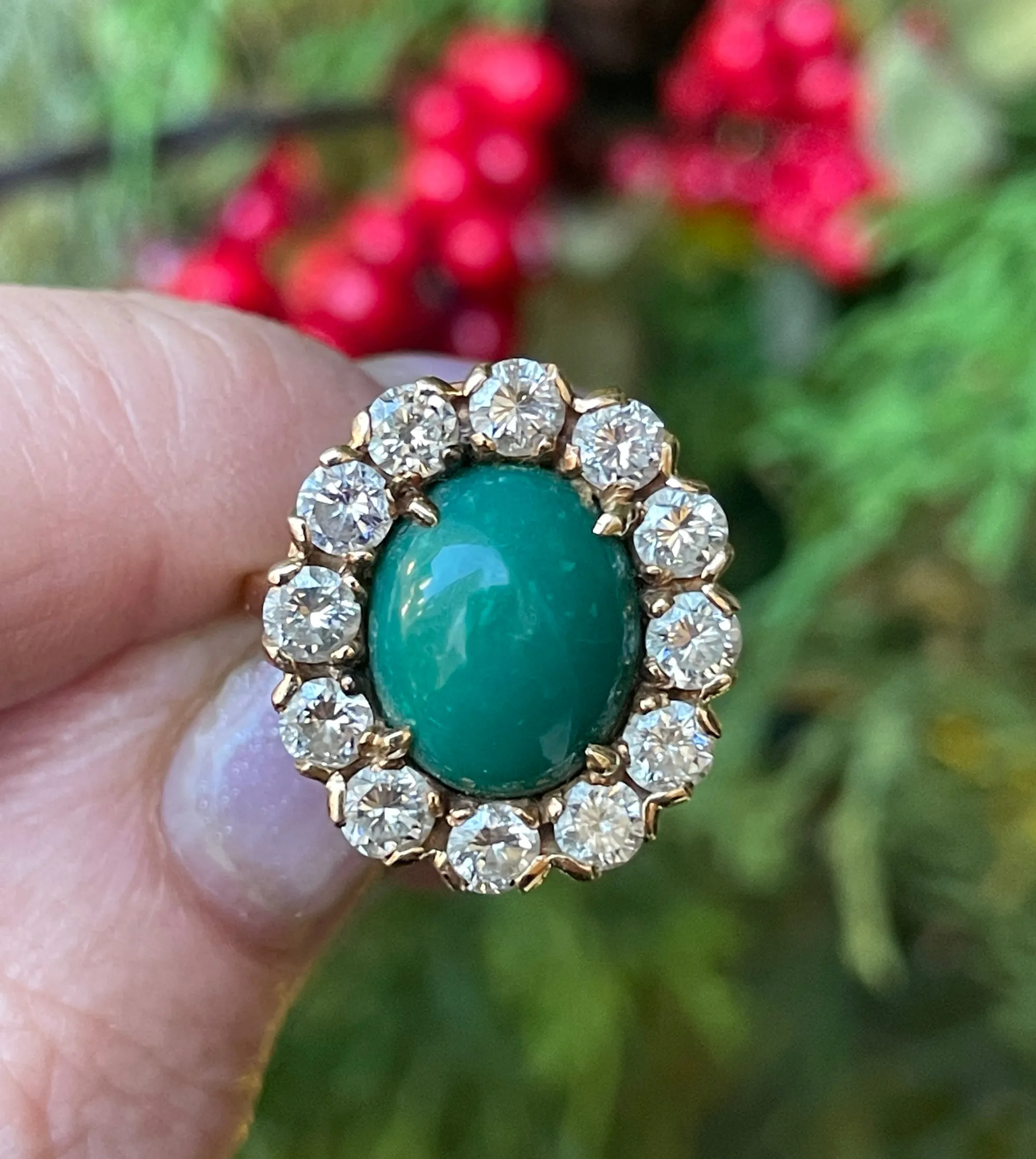 GIA 7.35ct Vintage Blue-Green Turquoise Diamond Cluster 14K Gold Ring