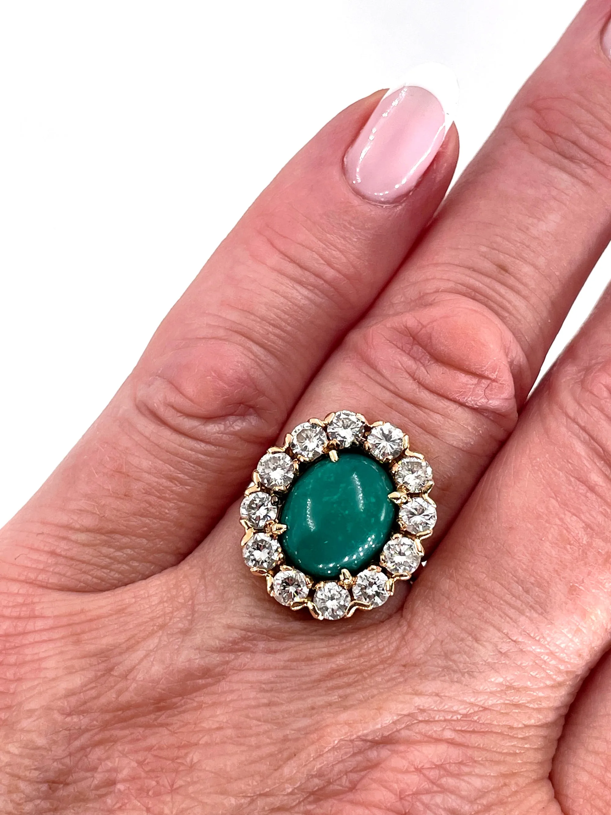 GIA 7.35ct Vintage Blue-Green Turquoise Diamond Cluster 14K Gold Ring