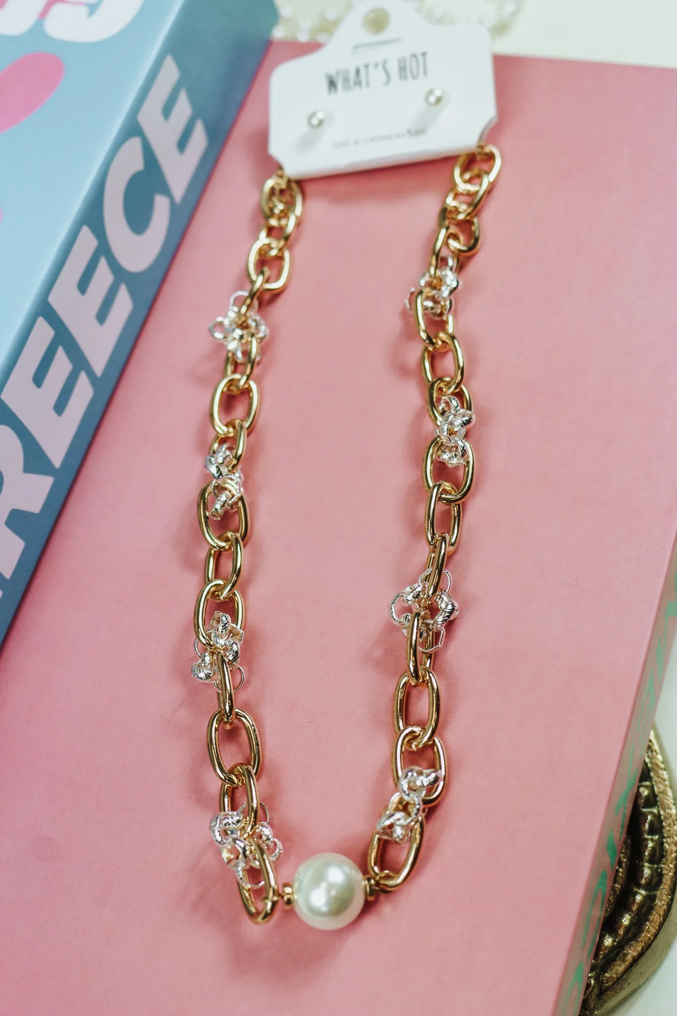 Gold and Pearl Linked Chain Necklace