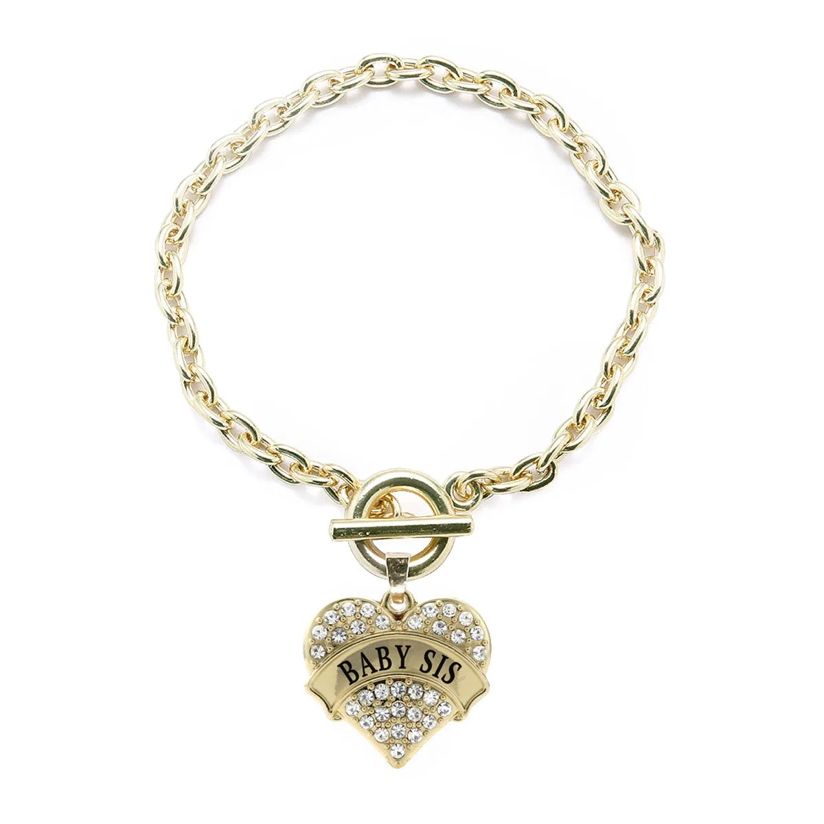 Gold Baby Sis Pave Heart Charm Toggle Bracelet