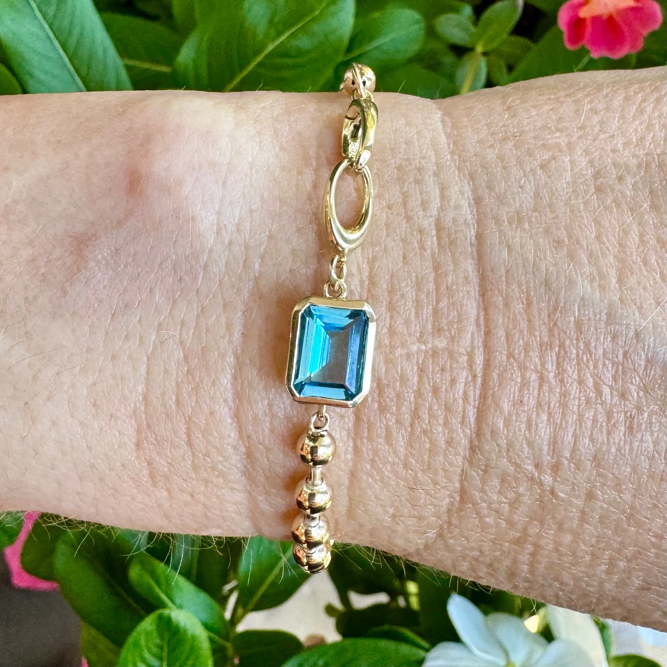 Gold Bead and Bezel Set London Blue Topaz Bracelet