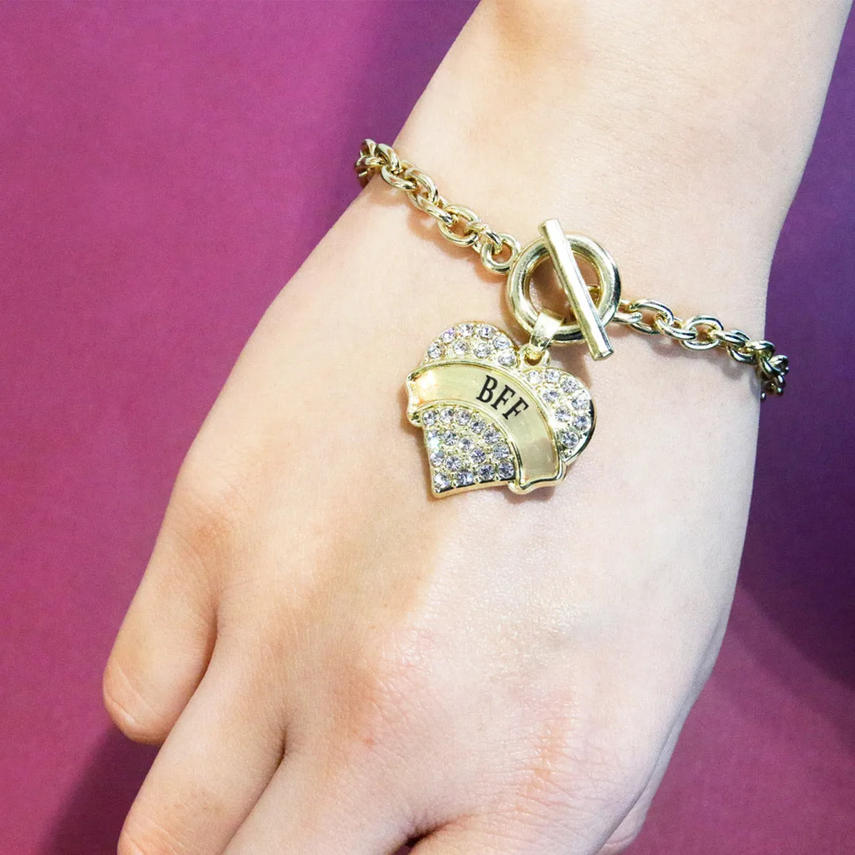 Gold BFF Pave Heart Charm Toggle Bracelet