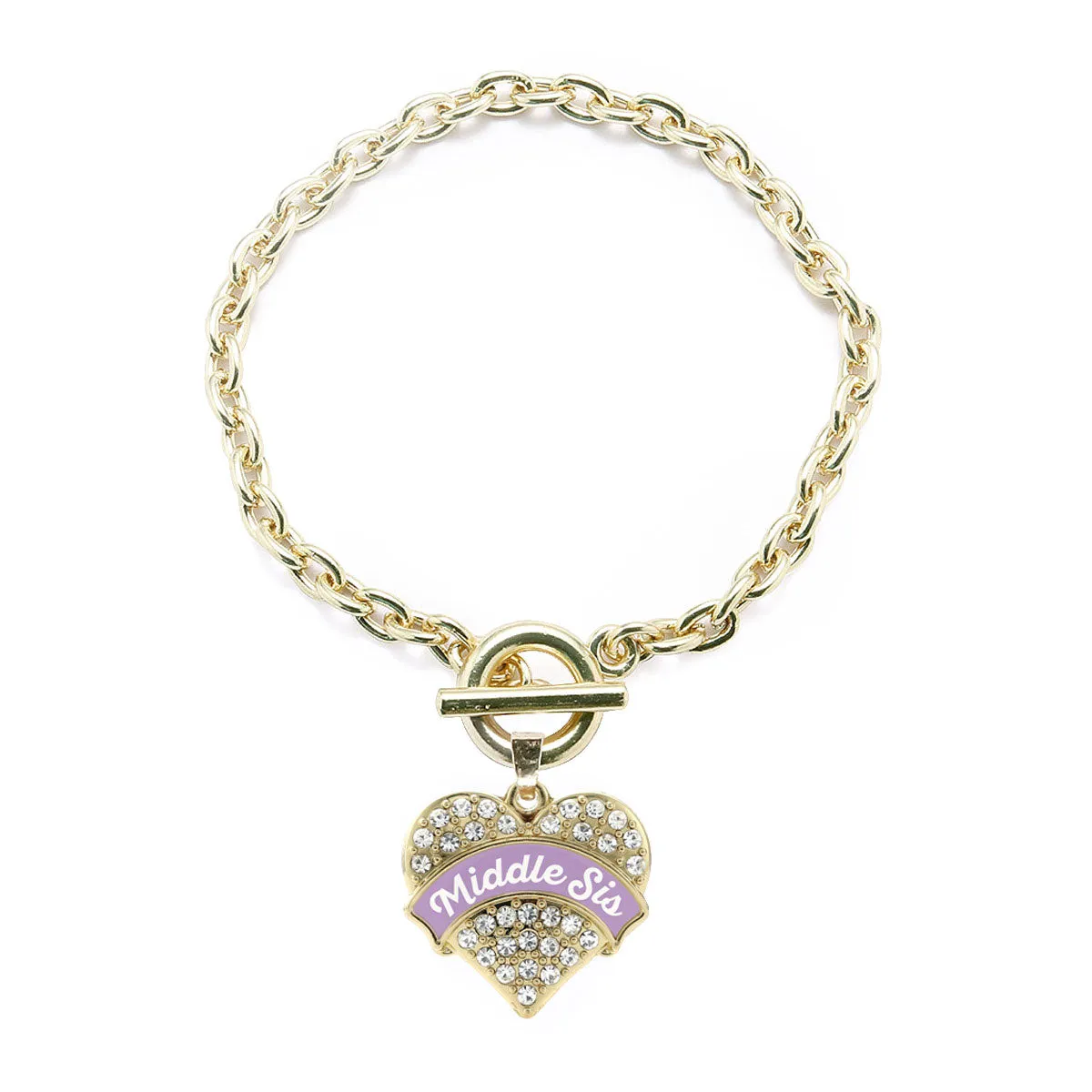 Gold Lavender Middle Sister Pave Heart Charm Toggle Bracelet