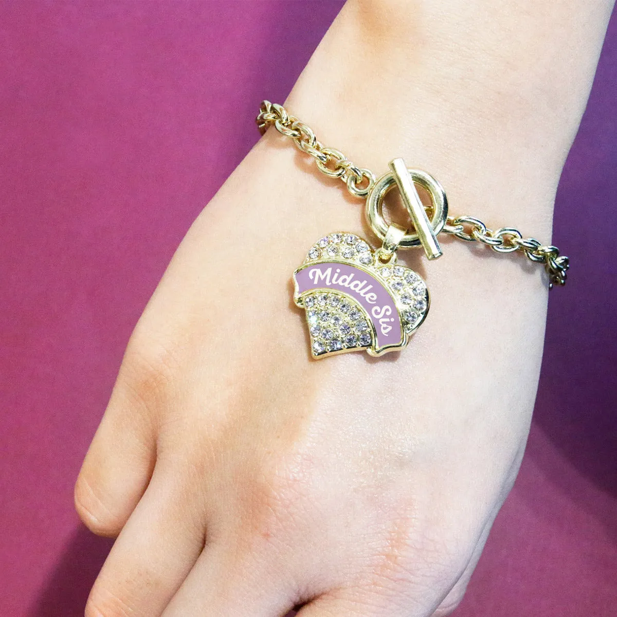 Gold Lavender Middle Sister Pave Heart Charm Toggle Bracelet