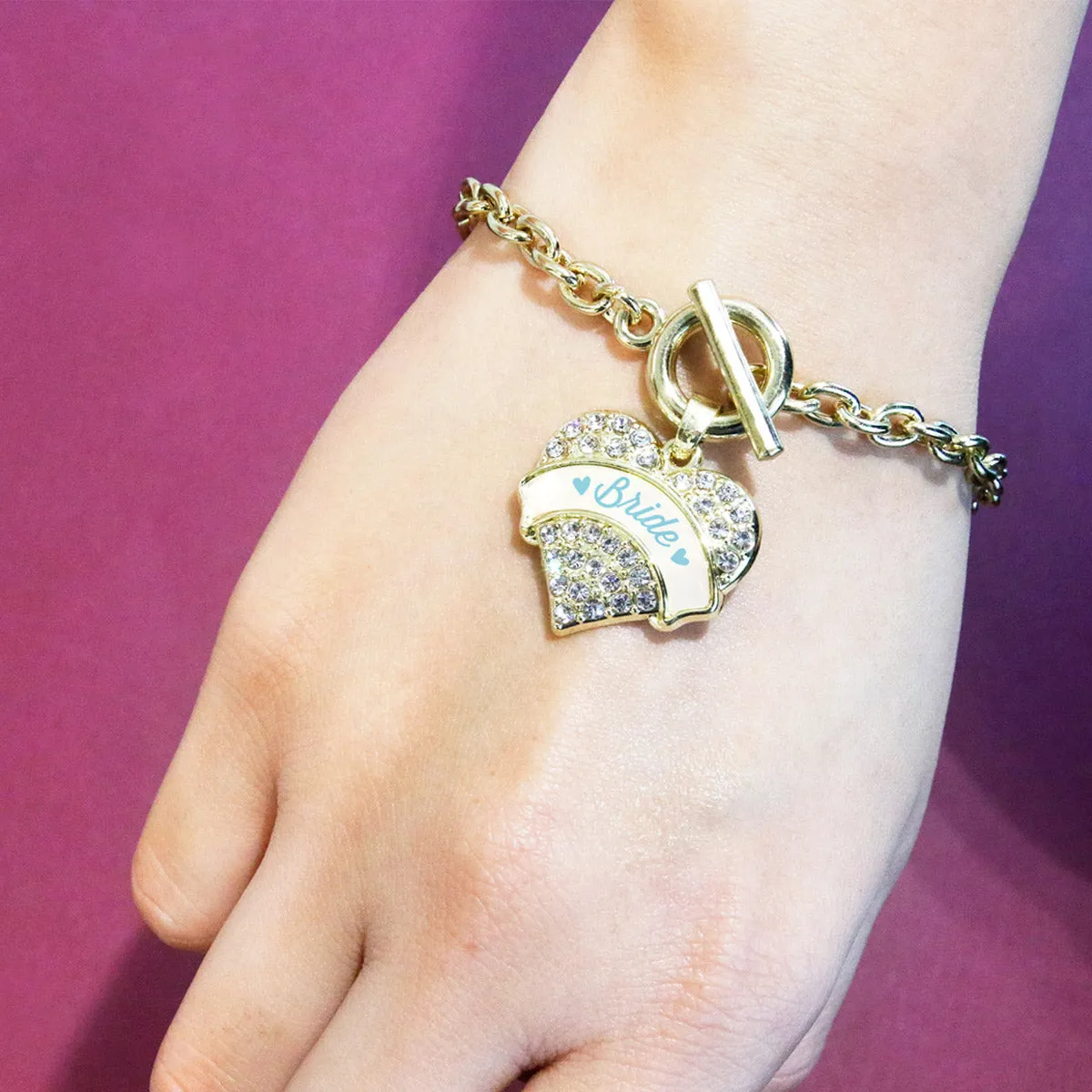 Gold Light Blue Bride Pave Heart Charm Toggle Bracelet