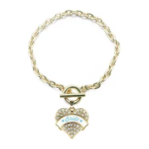 Gold Light Blue Bride Pave Heart Charm Toggle Bracelet