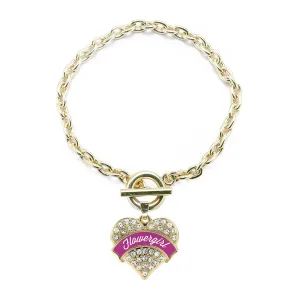 Gold Magenta Flower Girl Pave Heart Charm Toggle Bracelet