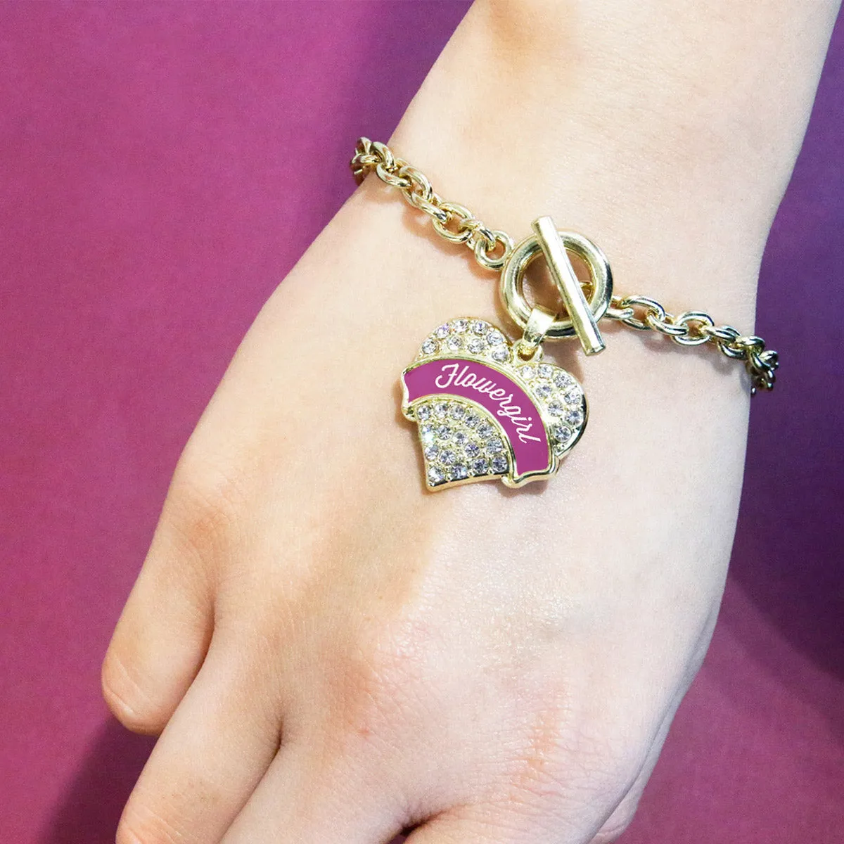 Gold Magenta Flower Girl Pave Heart Charm Toggle Bracelet