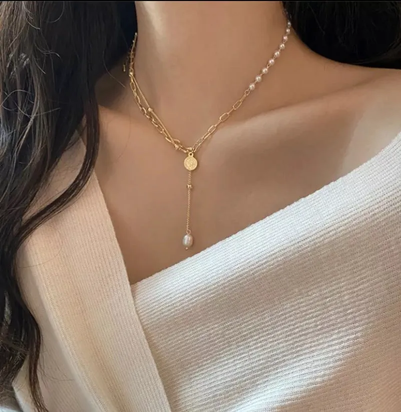 Gold Plated S/Steel Double Chain Pearl Drop Necklace