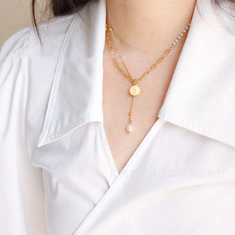 Gold Plated S/Steel Double Chain Pearl Drop Necklace