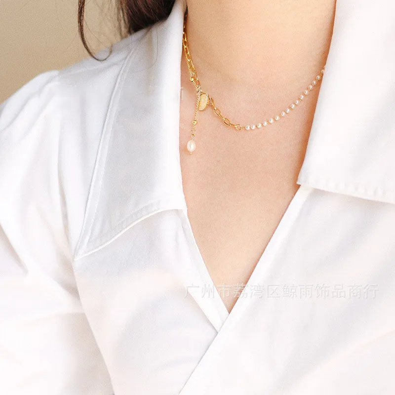 Gold Plated S/Steel Double Chain Pearl Drop Necklace