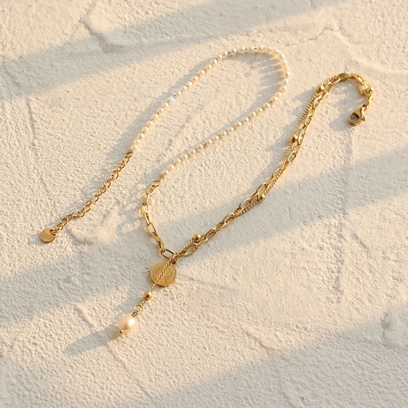 Gold Plated S/Steel Double Chain Pearl Drop Necklace