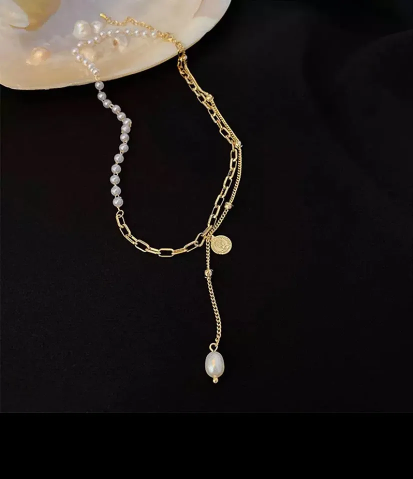 Gold Plated S/Steel Double Chain Pearl Drop Necklace