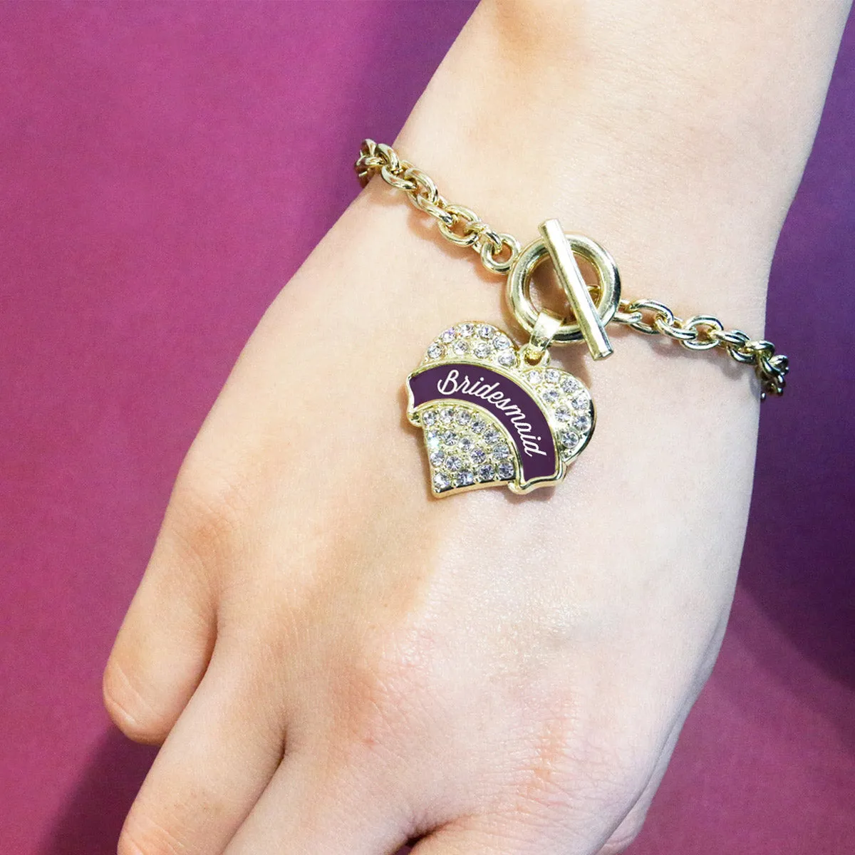 Gold Plum Bridesmaid Pave Heart Charm Toggle Bracelet