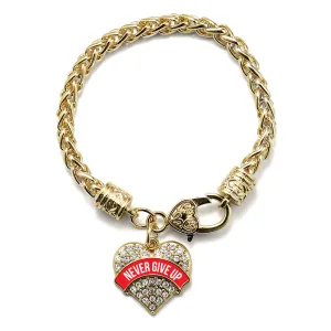 Gold Red Banner Never Give Up Pave Heart Charm Braided Bracelet