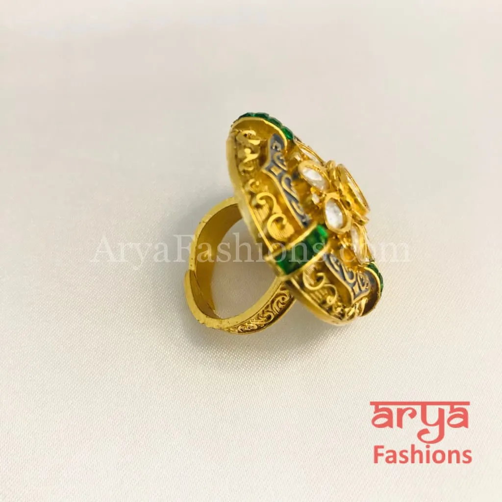 Gray Meenakari Emerald Kundan Adjustable Ring