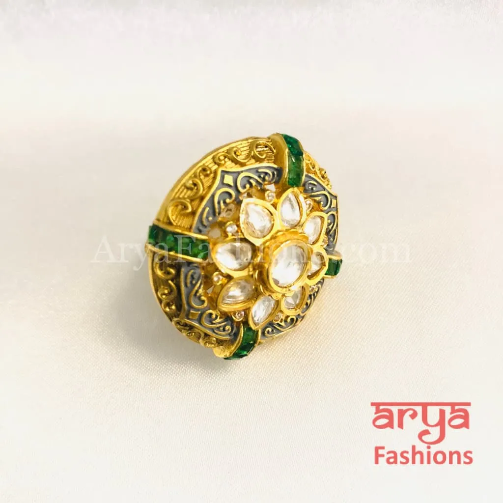 Gray Meenakari Emerald Kundan Adjustable Ring