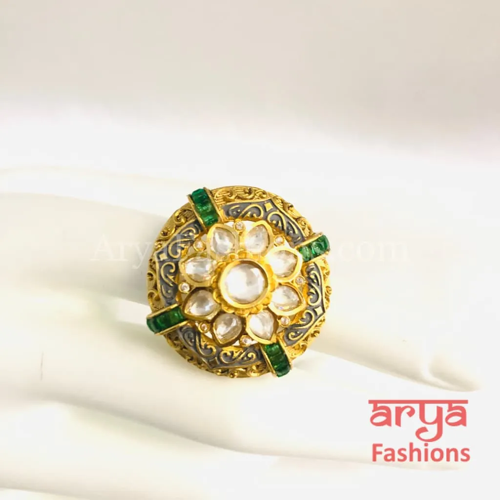 Gray Meenakari Emerald Kundan Adjustable Ring