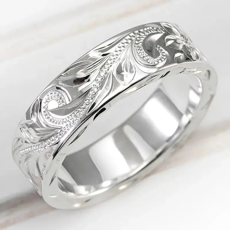 Hand-Carved Leaf Filigree Silver Ring | Scroll Design Wedding Band | Size 7 Women's Ring | Antique-style Ring