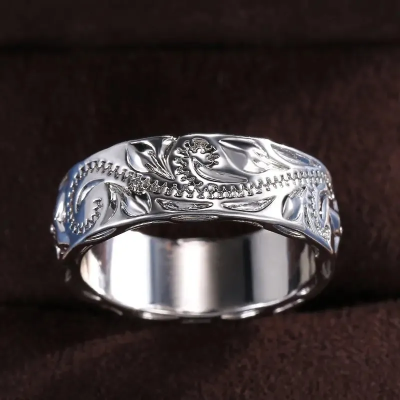 Hand-Carved Leaf Filigree Silver Ring | Scroll Design Wedding Band | Size 7 Women's Ring | Antique-style Ring