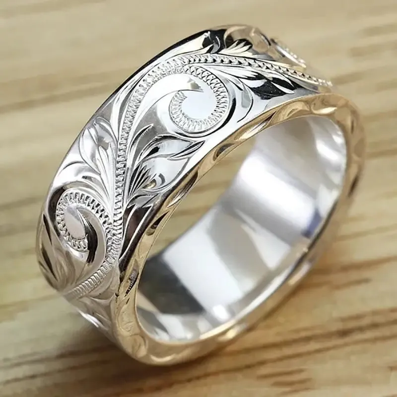 Hand-Carved Leaf Filigree Silver Ring | Scroll Design Wedding Band | Size 7 Women's Ring | Antique-style Ring