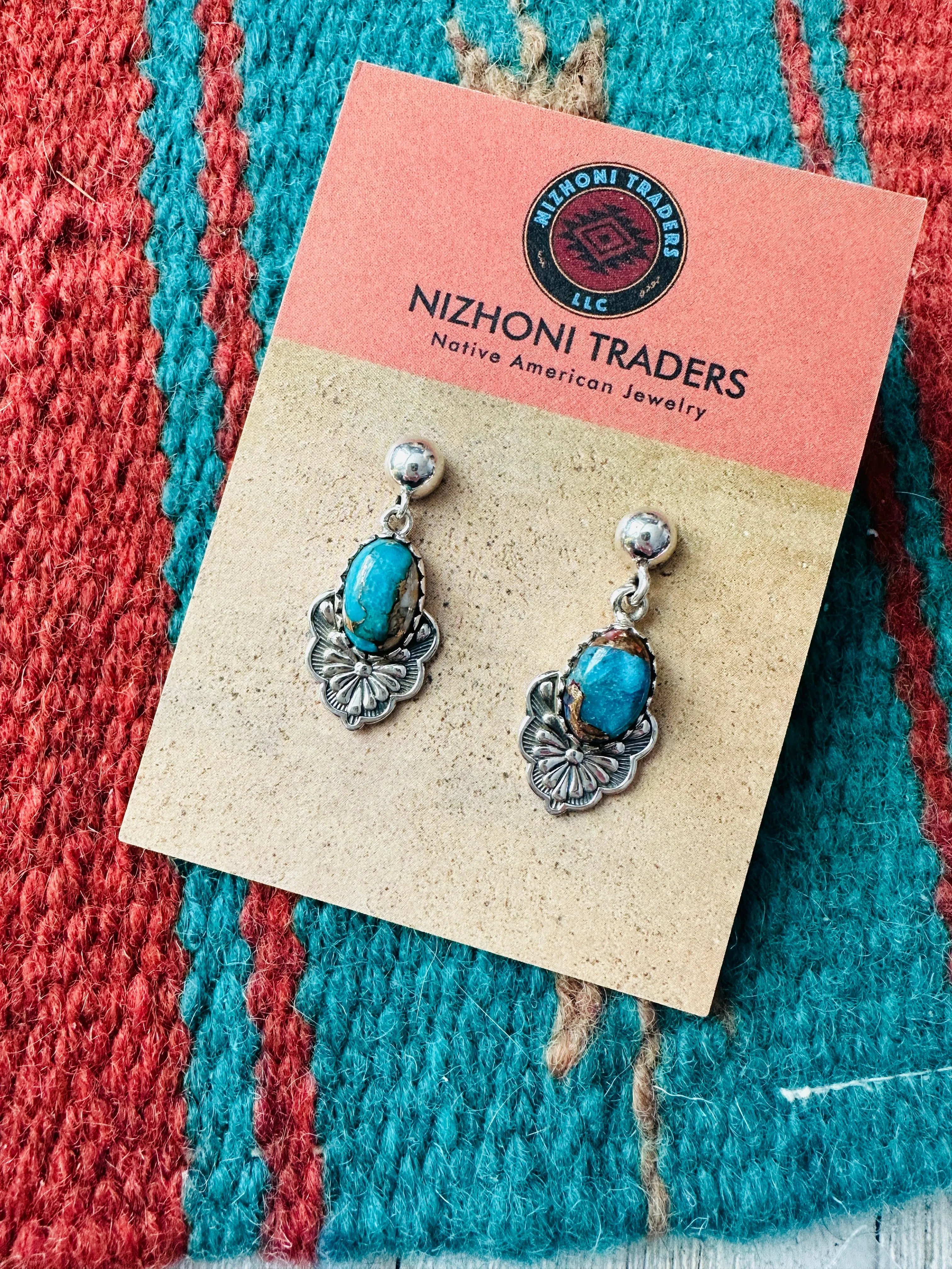 Handmade Turquoise Mojave & Sterling Silver Dangle Earrings Signed Nizhoni