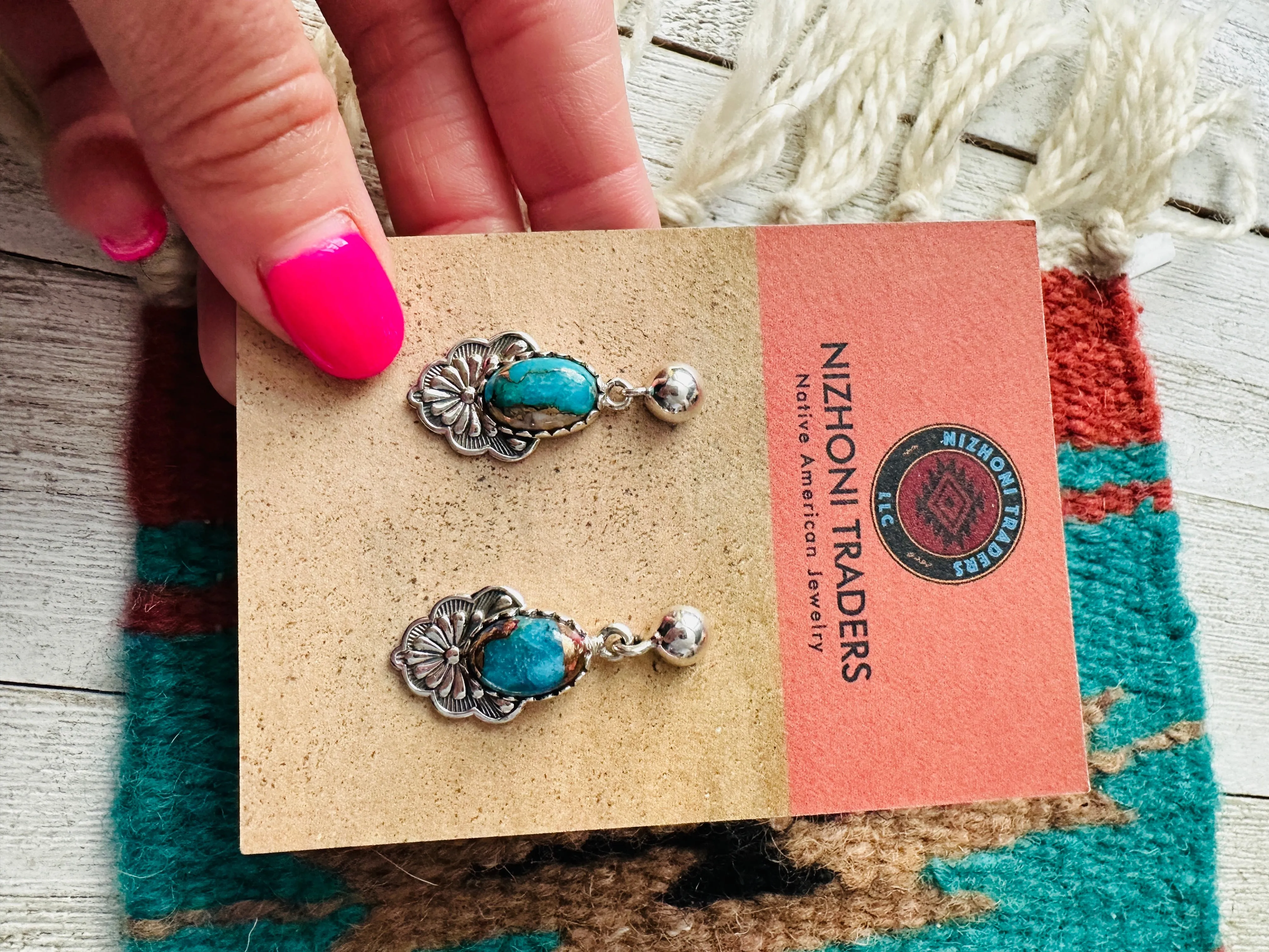 Handmade Turquoise Mojave & Sterling Silver Dangle Earrings Signed Nizhoni