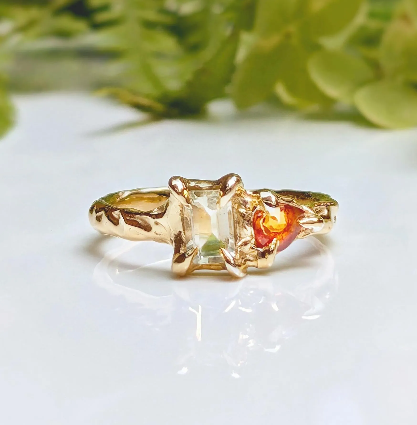 Heliodor and Orange Sapphire ring in Solid 14k Gold