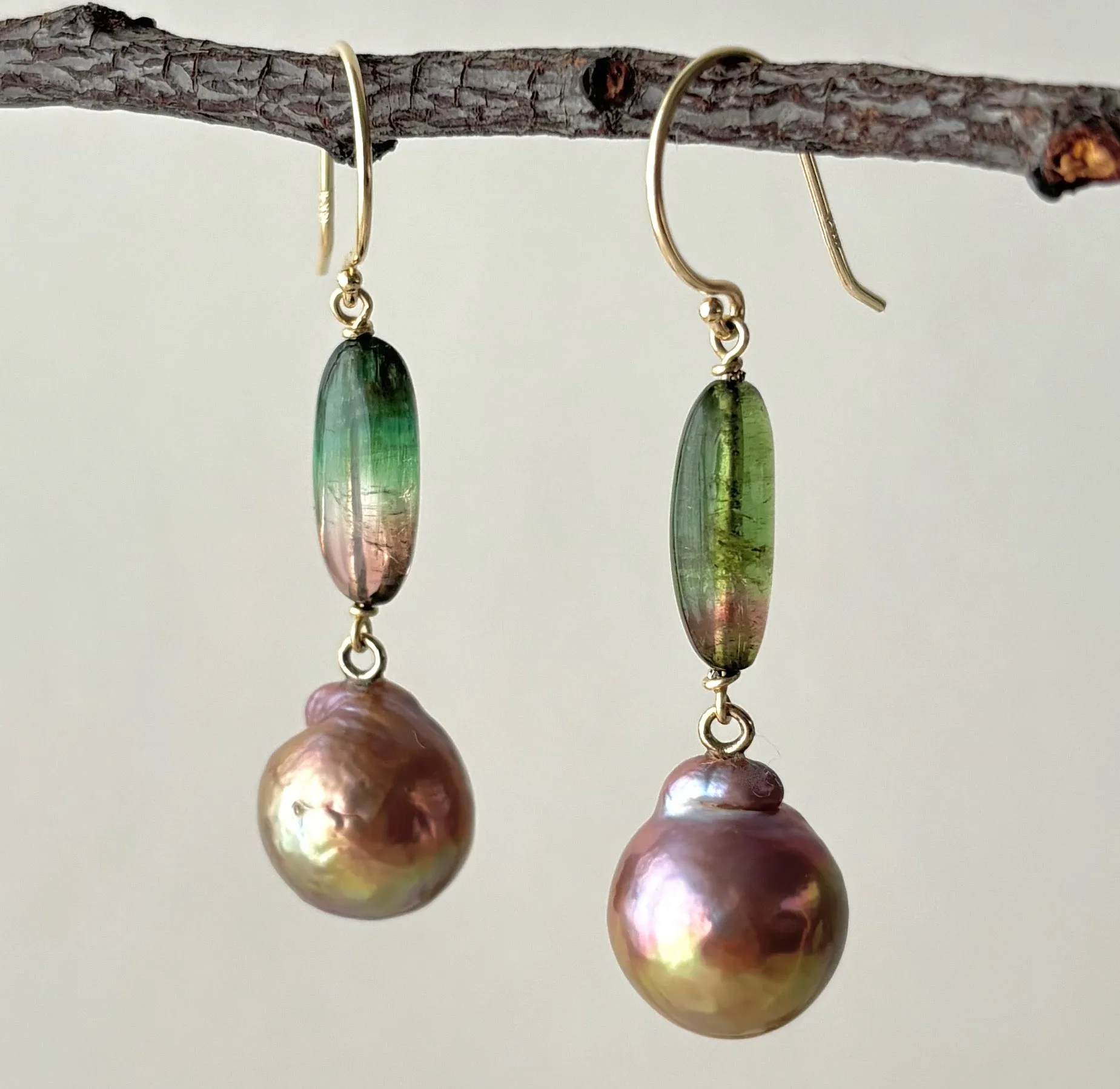 INCREDIBLY SWEET SPRING WATERMELON TOURMALINE KASUMI PEARL EARRINGS IN 14K GOLD