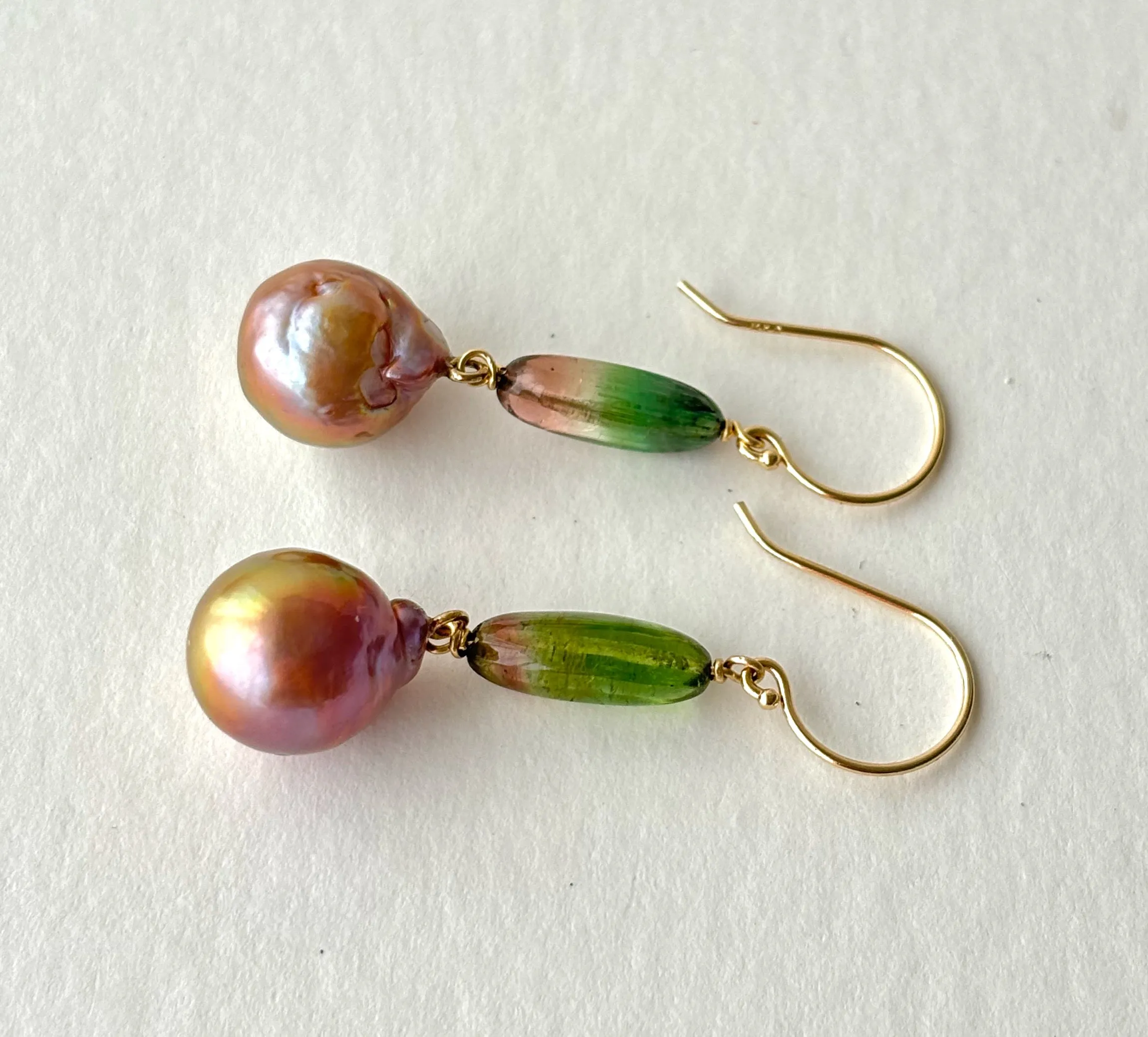 INCREDIBLY SWEET SPRING WATERMELON TOURMALINE KASUMI PEARL EARRINGS IN 14K GOLD