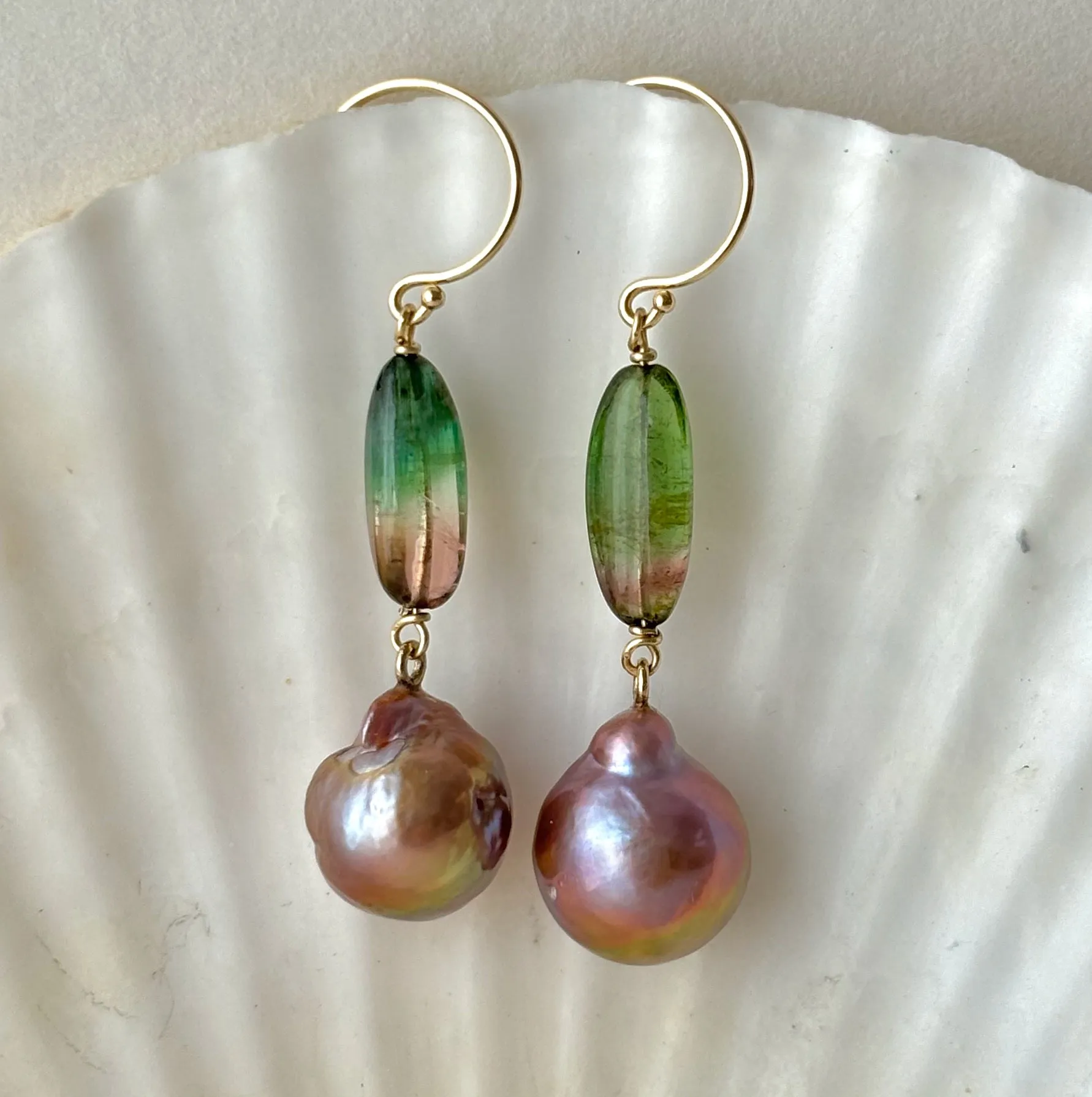 INCREDIBLY SWEET SPRING WATERMELON TOURMALINE KASUMI PEARL EARRINGS IN 14K GOLD