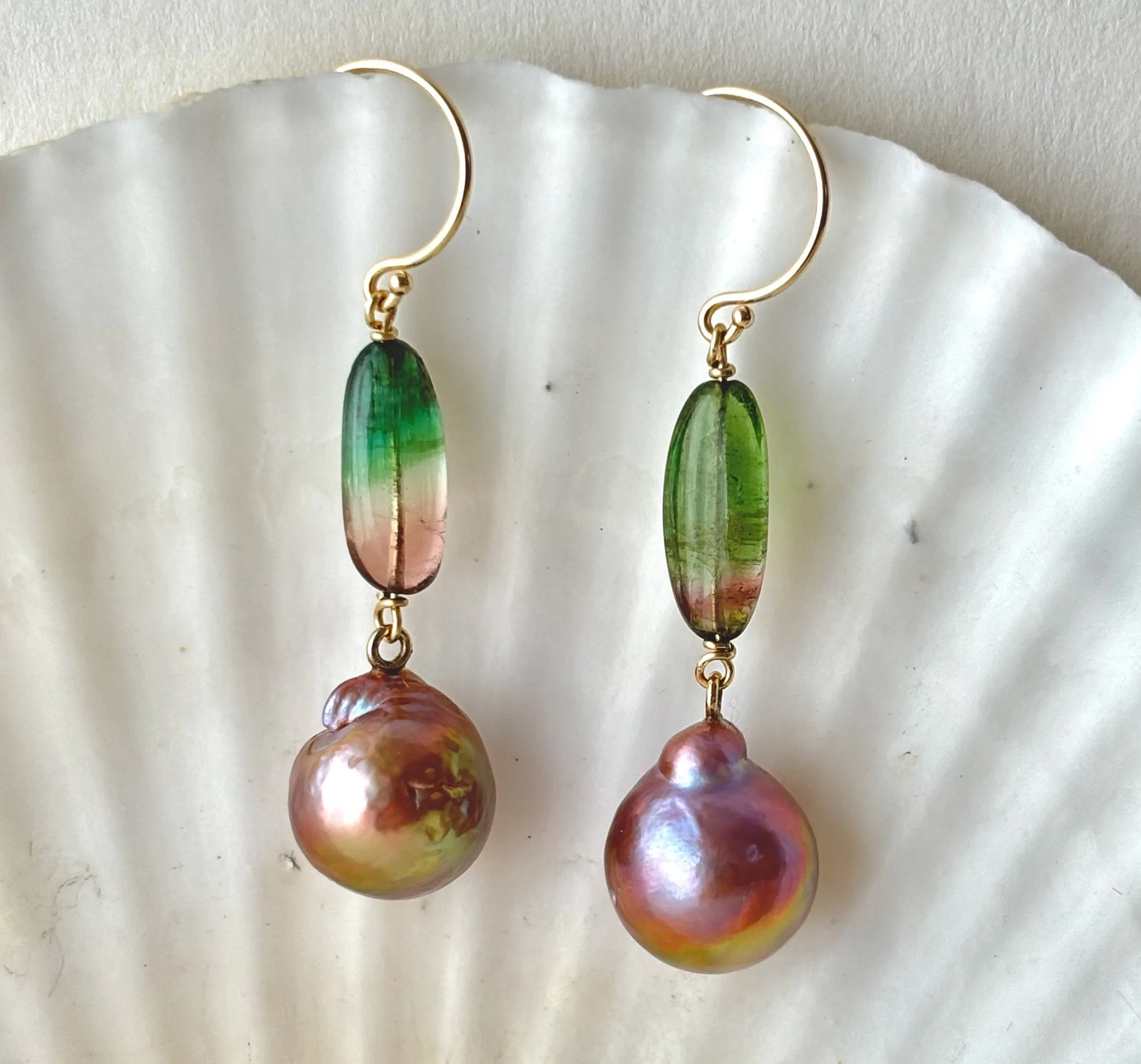 INCREDIBLY SWEET SPRING WATERMELON TOURMALINE KASUMI PEARL EARRINGS IN 14K GOLD