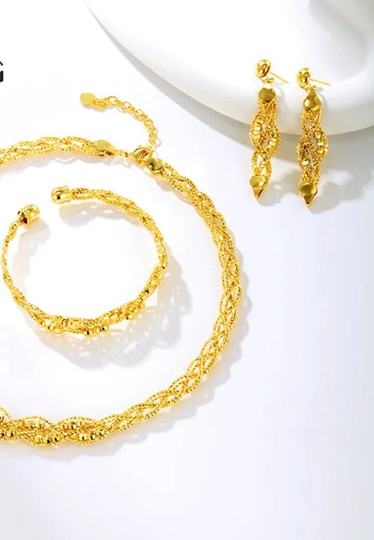 Jewelry plated 24K gold alloy gold plated baby's breath braided twist earrings necklace bracelet retro set