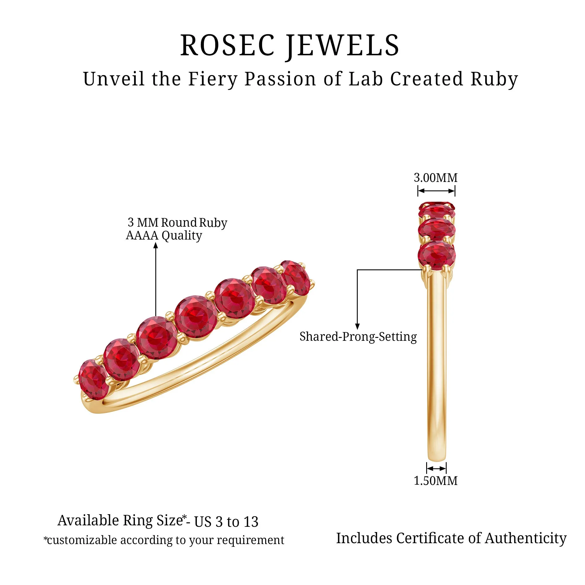 Lab Created Ruby Seven Stone Half Eternity Ring in Gold