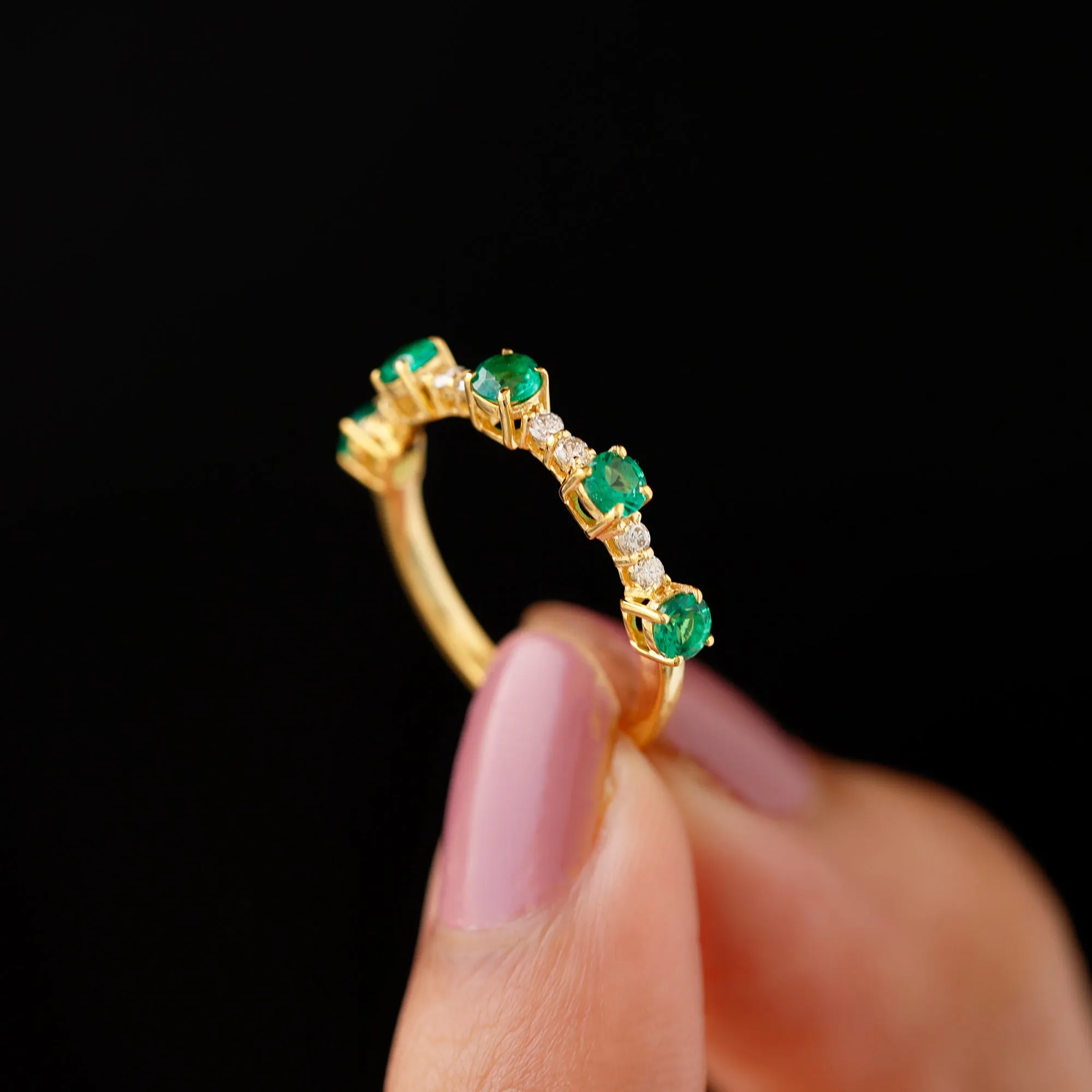 Lab Grown Emerald and Diamond Minimal Half Eternity Ring