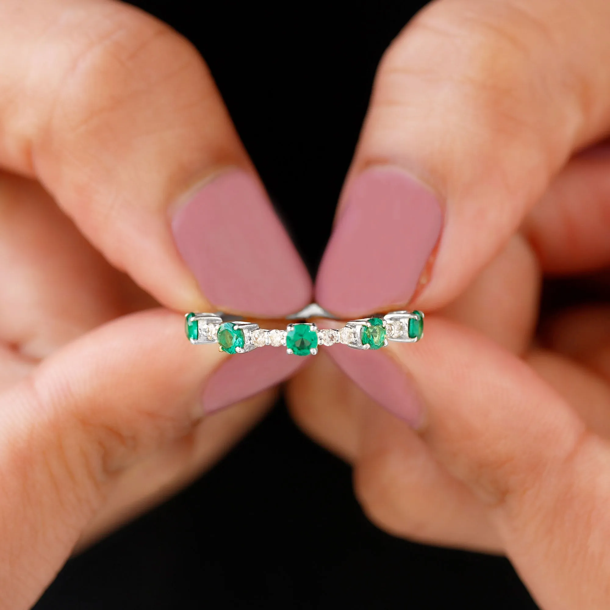 Lab Grown Emerald and Diamond Minimal Half Eternity Ring