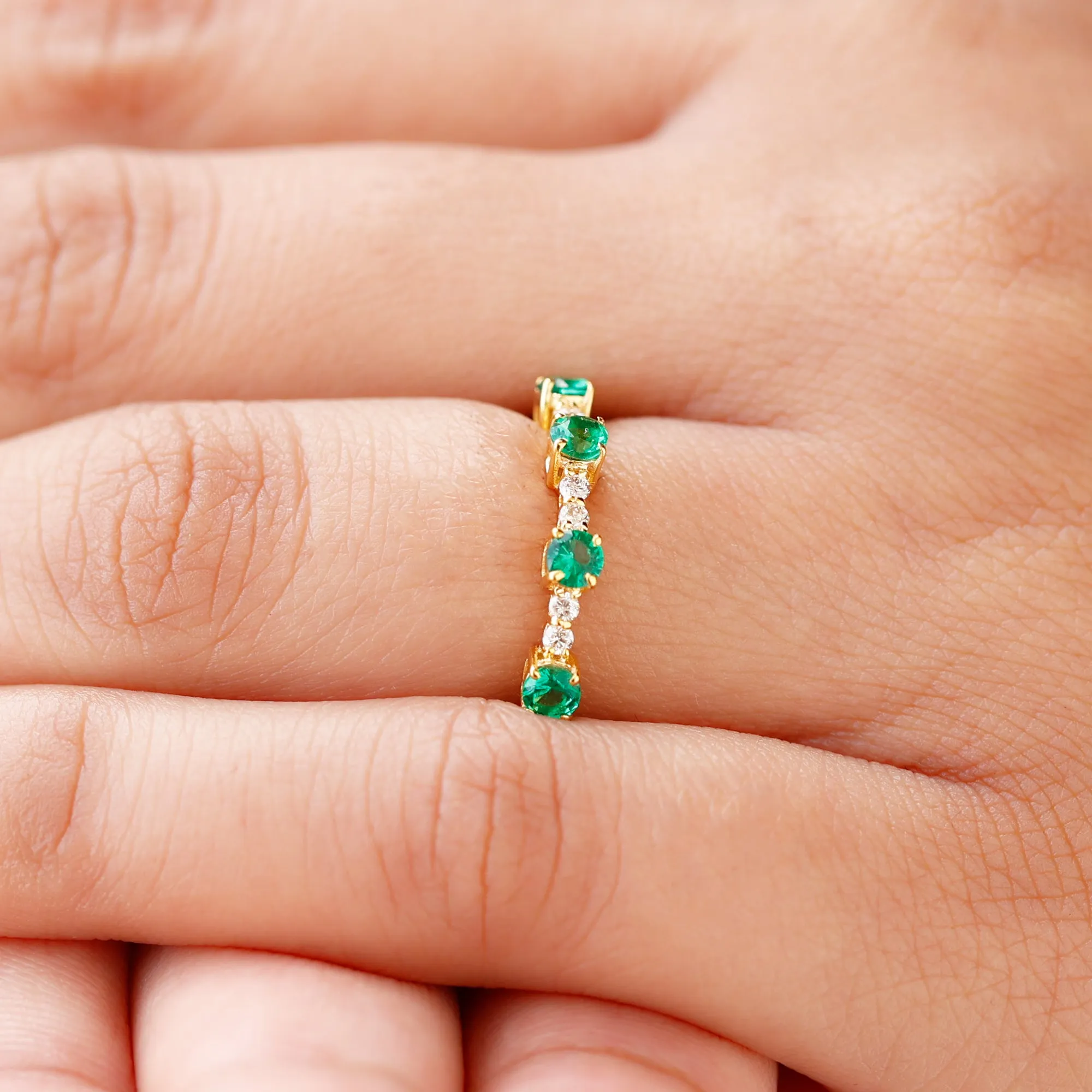 Lab Grown Emerald and Diamond Minimal Half Eternity Ring