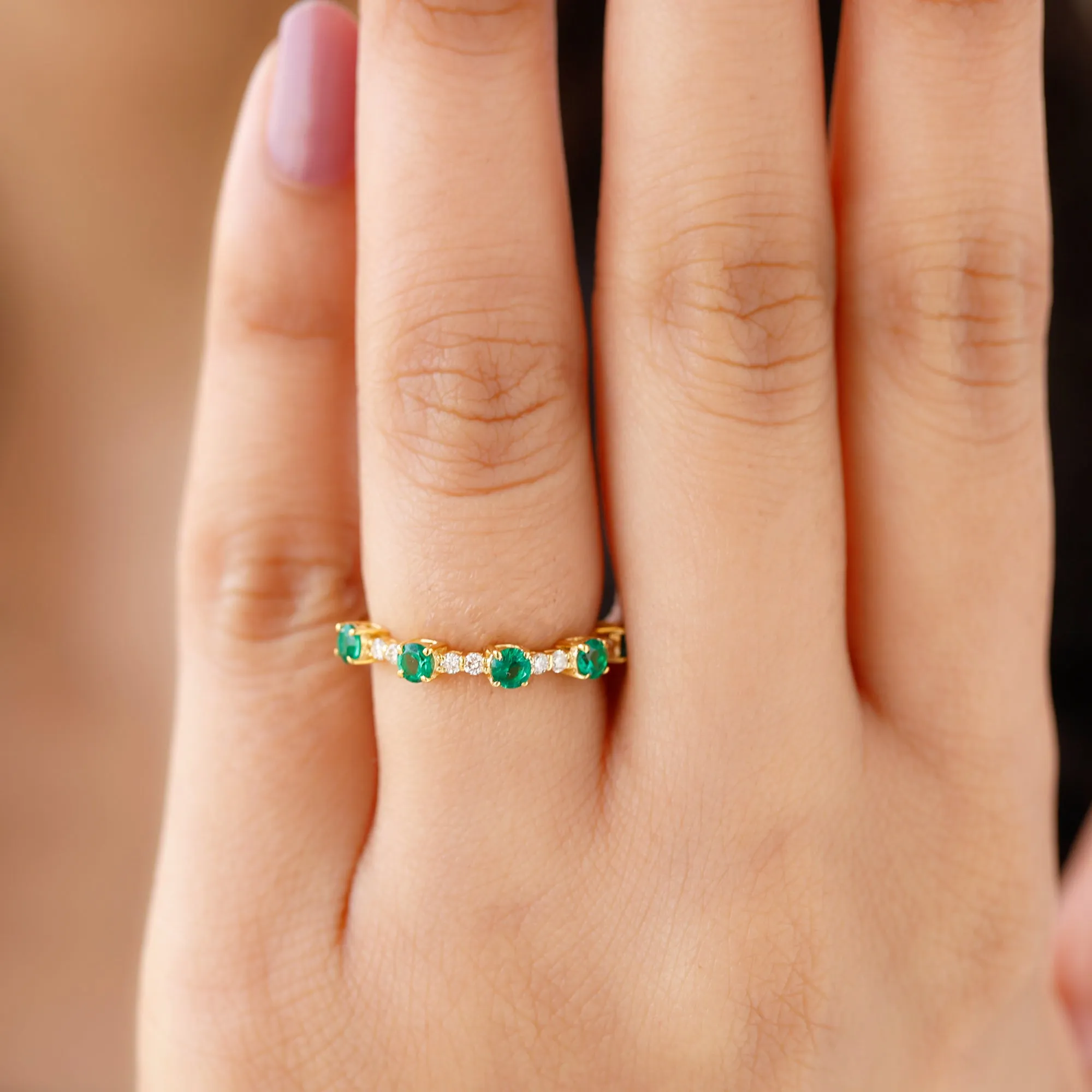 Lab Grown Emerald and Diamond Minimal Half Eternity Ring