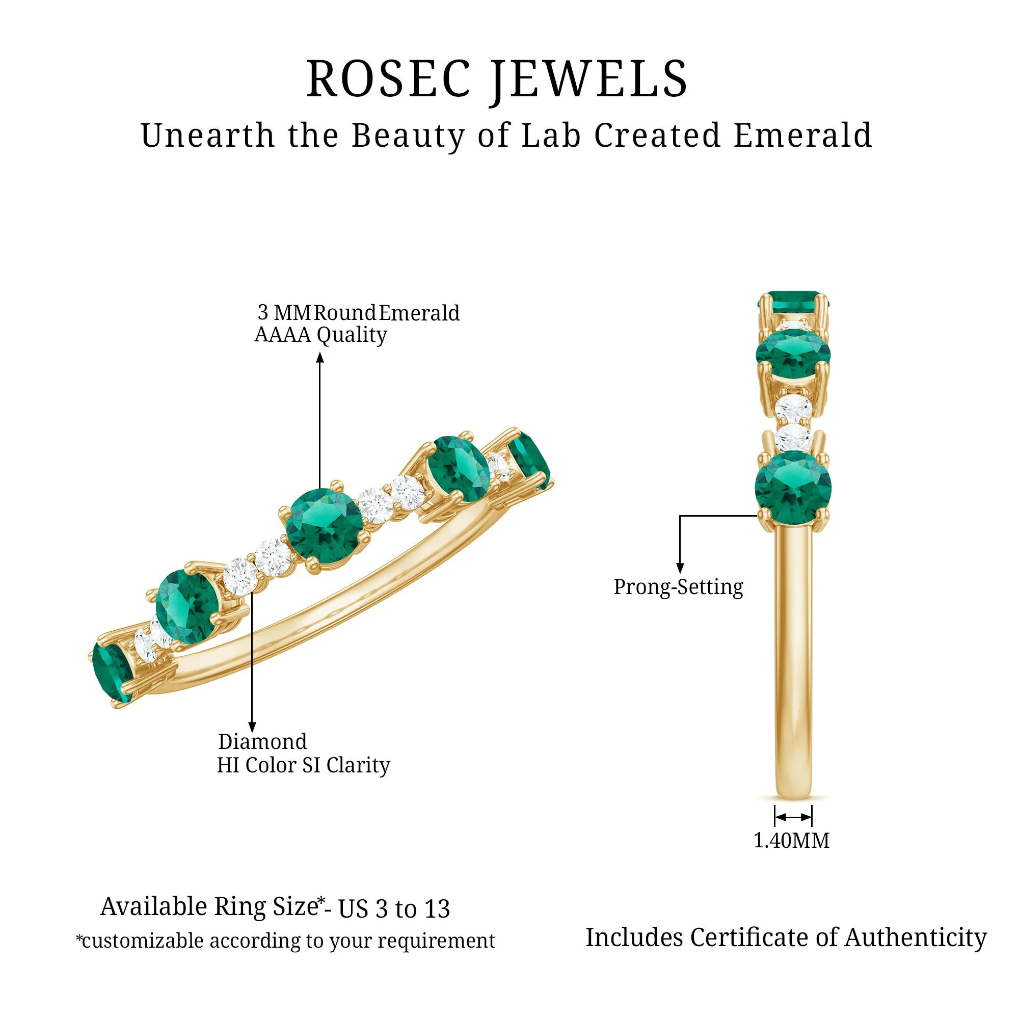 Lab Grown Emerald and Diamond Minimal Half Eternity Ring