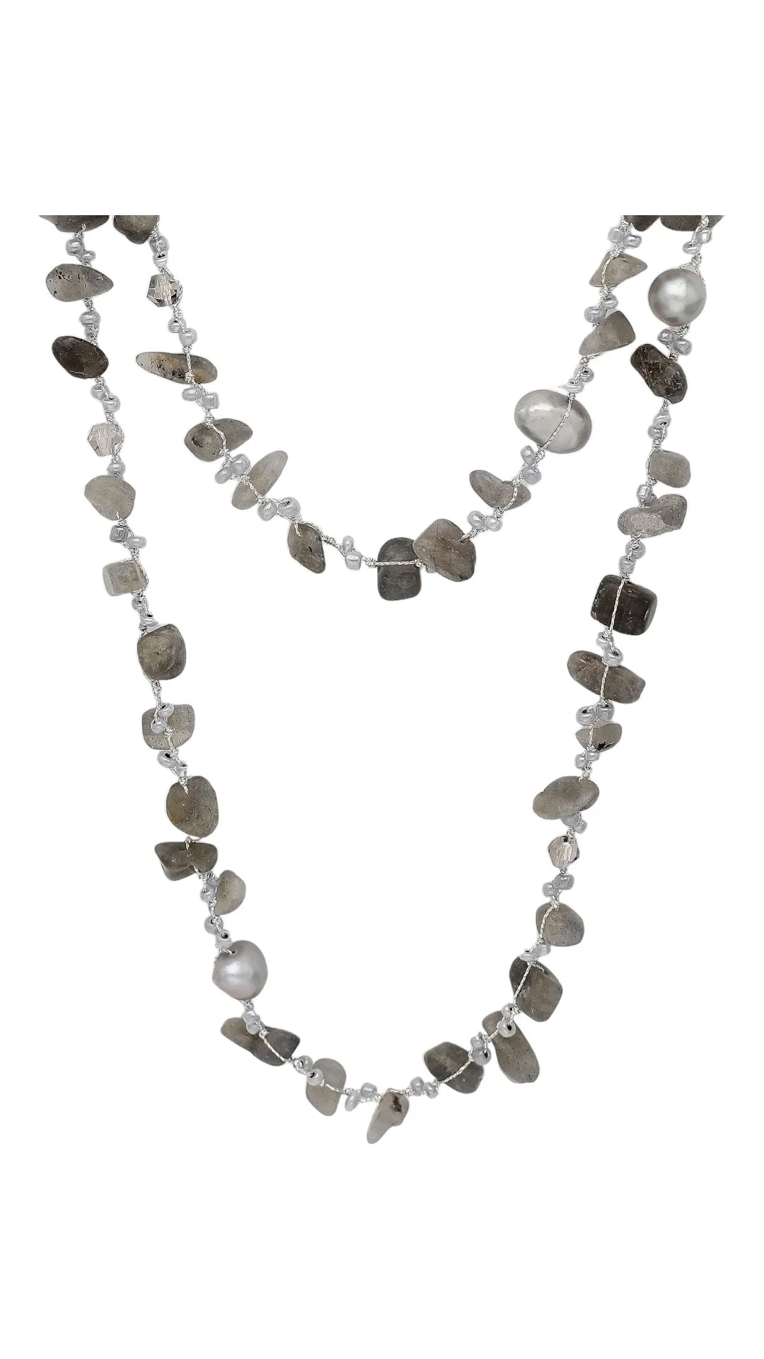 Labradorite and Freshwater Pearl on a Japanese Silk Cord Long Wrap Around Necklace KESLEY