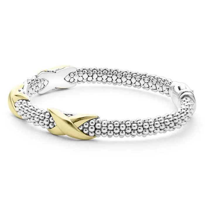 LAGOS Three Station X Caviar Embrace Bracelet in Sterling Silver and 18K Yellow Gold