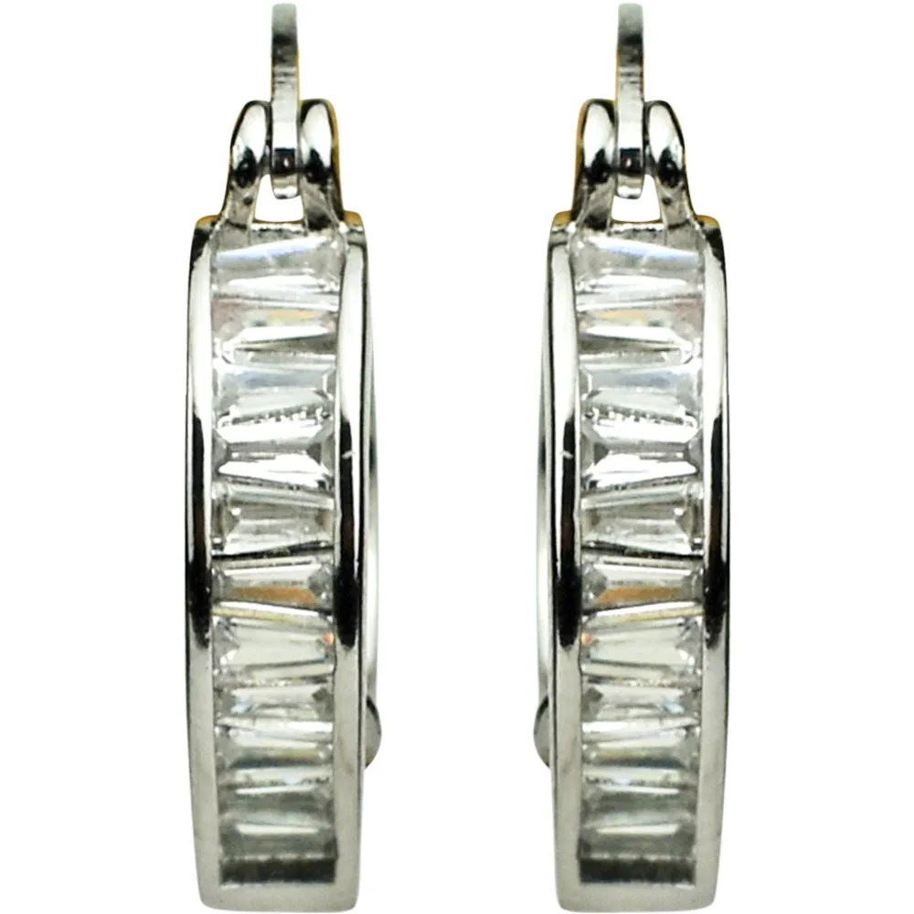 Magic Memories Tapered Baguette CZ Hoop Pierced Earrings (Silvertone/Icy Clear Crystal)