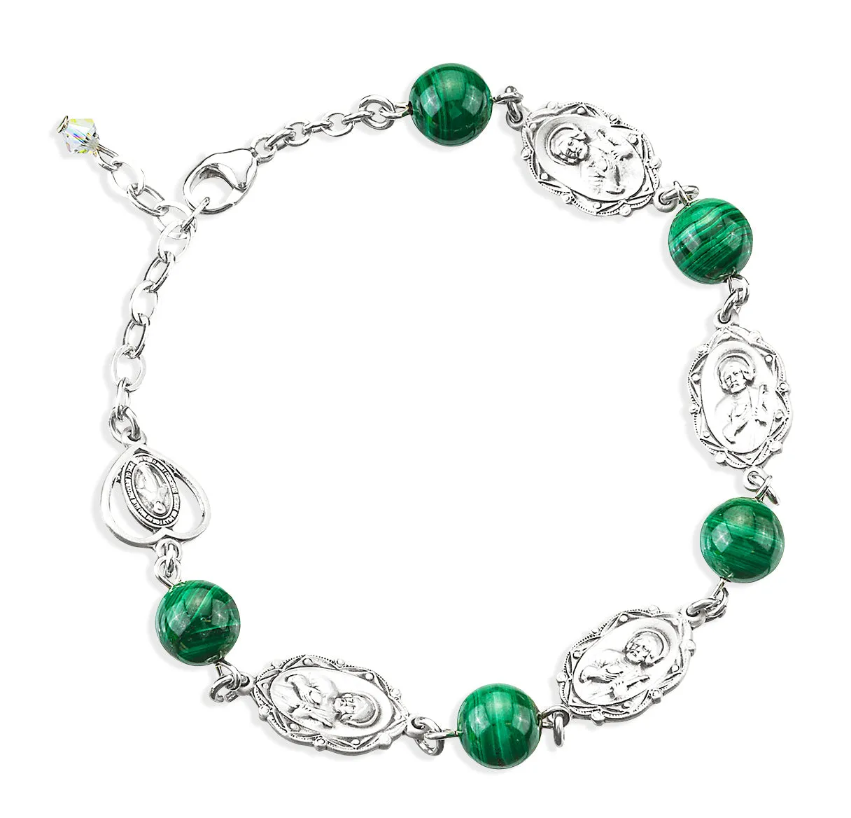 Malachite Round Saint Jude Sterling Silver Rosary Bracelet - B76203607