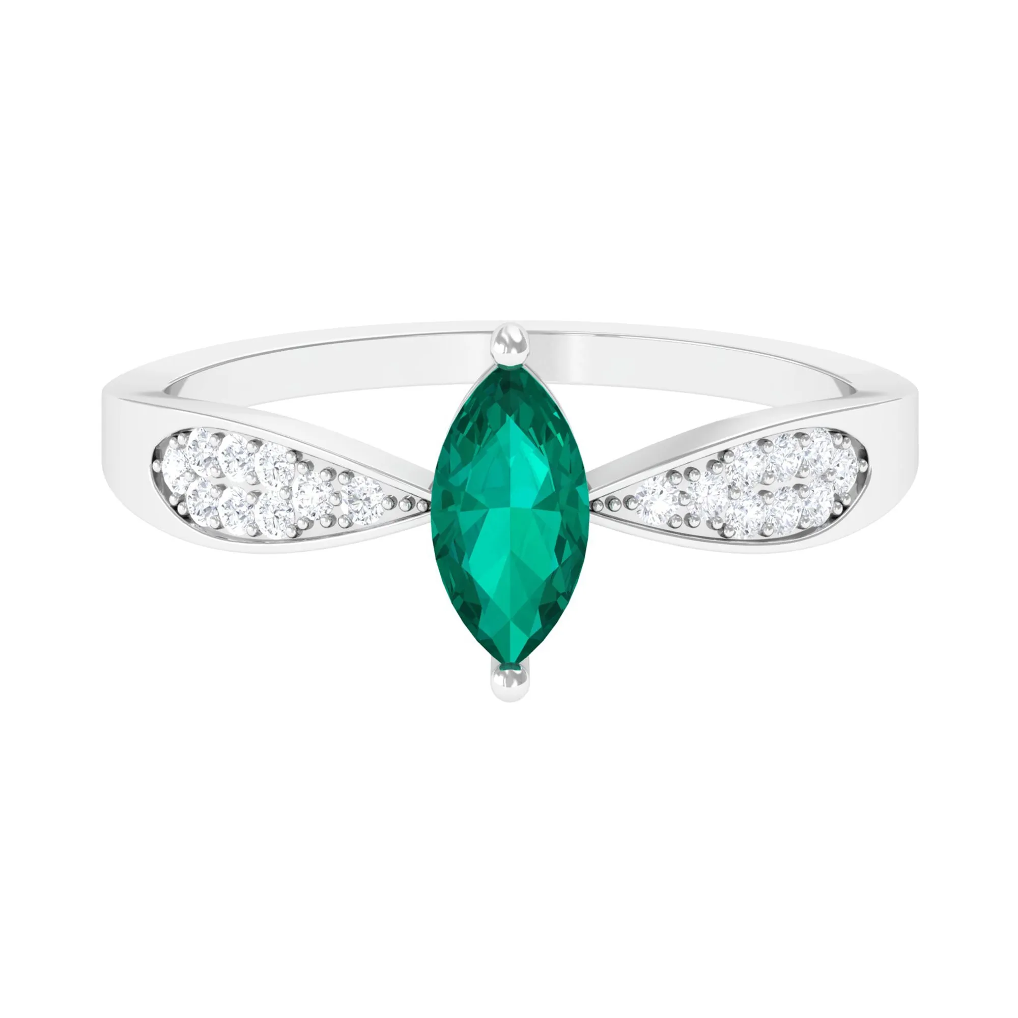 Marquise Cut Emerald Solitaire Ring with Diamond Accent