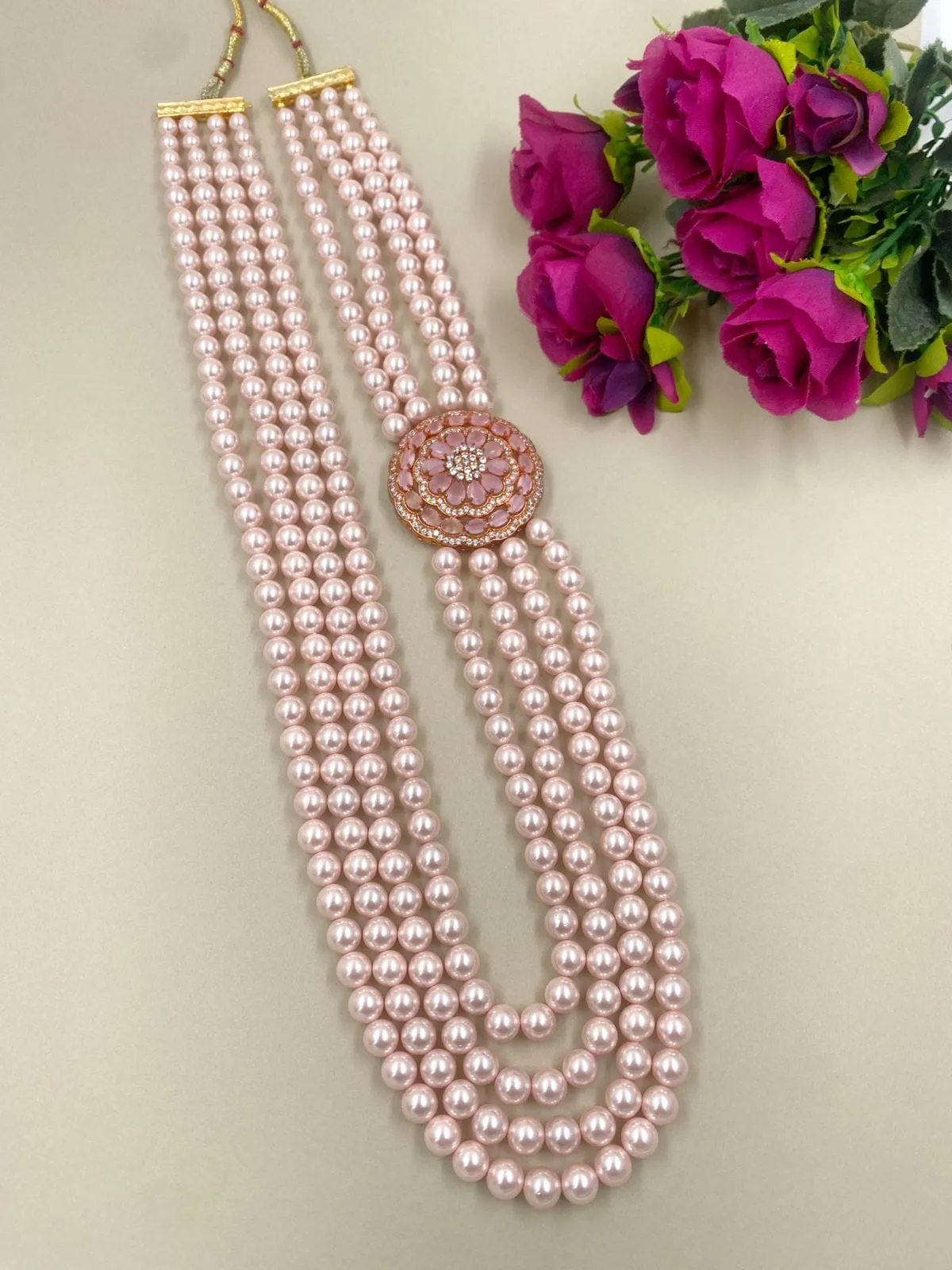 Multilayered Rose Pink Shell Pearls Necklace With Side Brooch For Men And Women