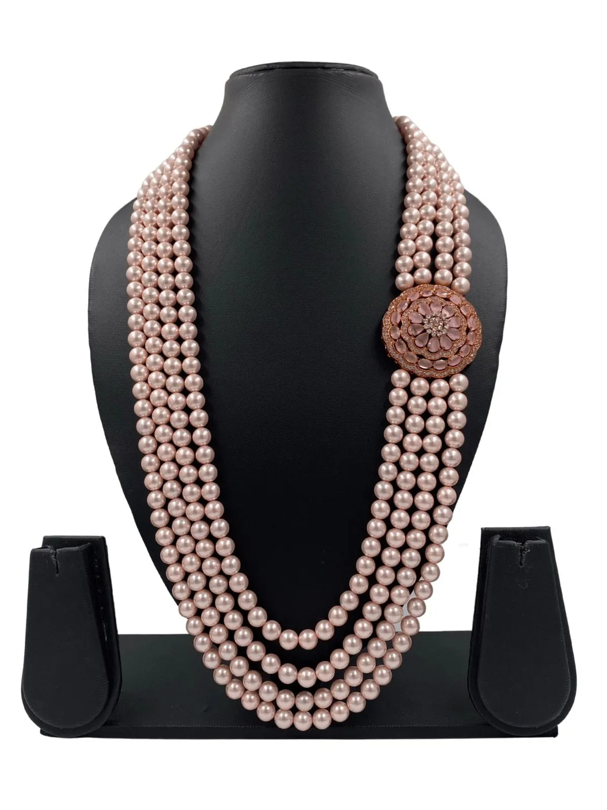 Multilayered Rose Pink Shell Pearls Necklace With Side Brooch For Men And Women