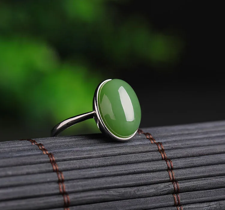 Natural Jade Ring Nephrite Silver Adjustable Ring ZNRG108