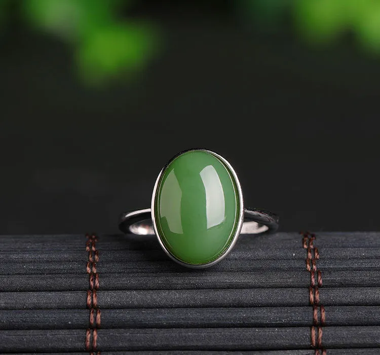 Natural Jade Ring Nephrite Silver Adjustable Ring ZNRG108